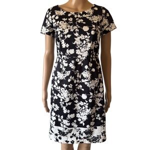 Talbots Petite 2P Black White Floral Cotton Sheath Dress Short Sleeve Boat Neck